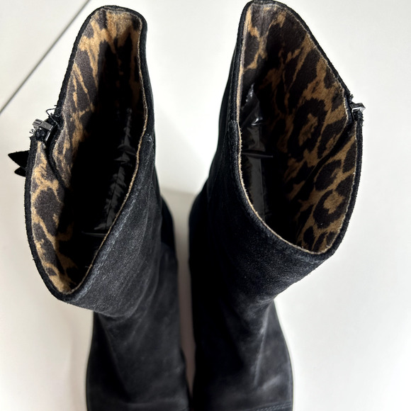 Stuart Weitzman Black Suede Mid-Calf Boots Cheetah Print Round Toe Booties 4 - Picture 8 of 16